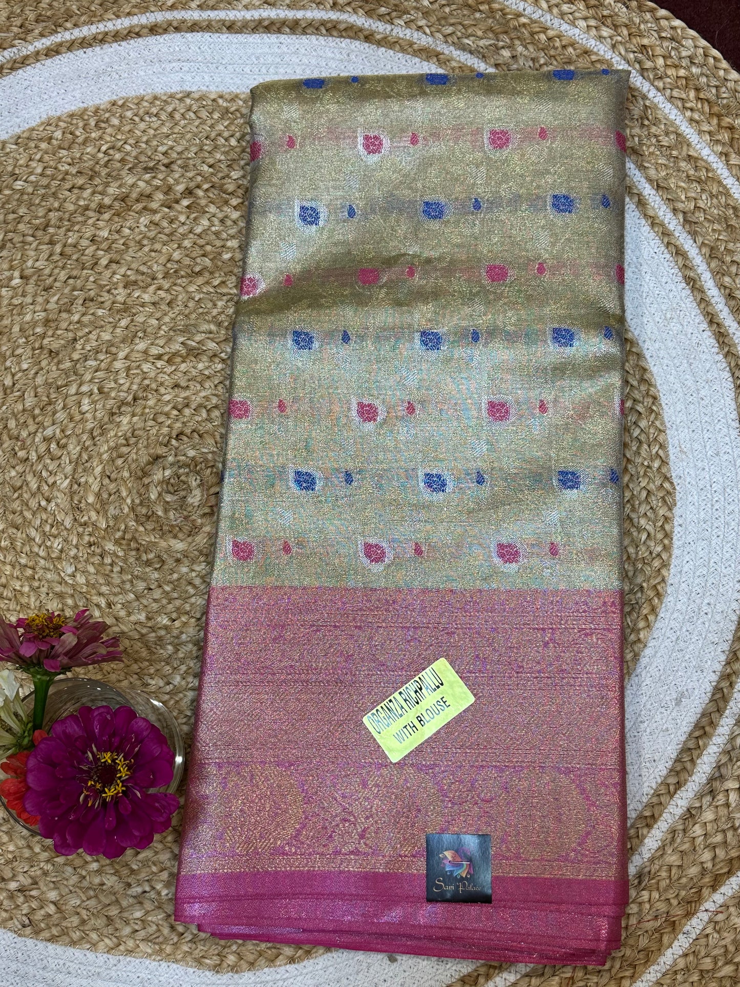 Tissue Silk brocade Sari Indian Fancy Saree Blue & Golden S18