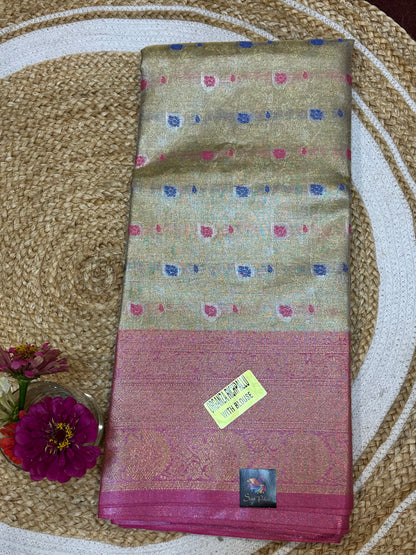 Tissue Silk brocade Sari Indian Fancy Saree Blue & Golden S18