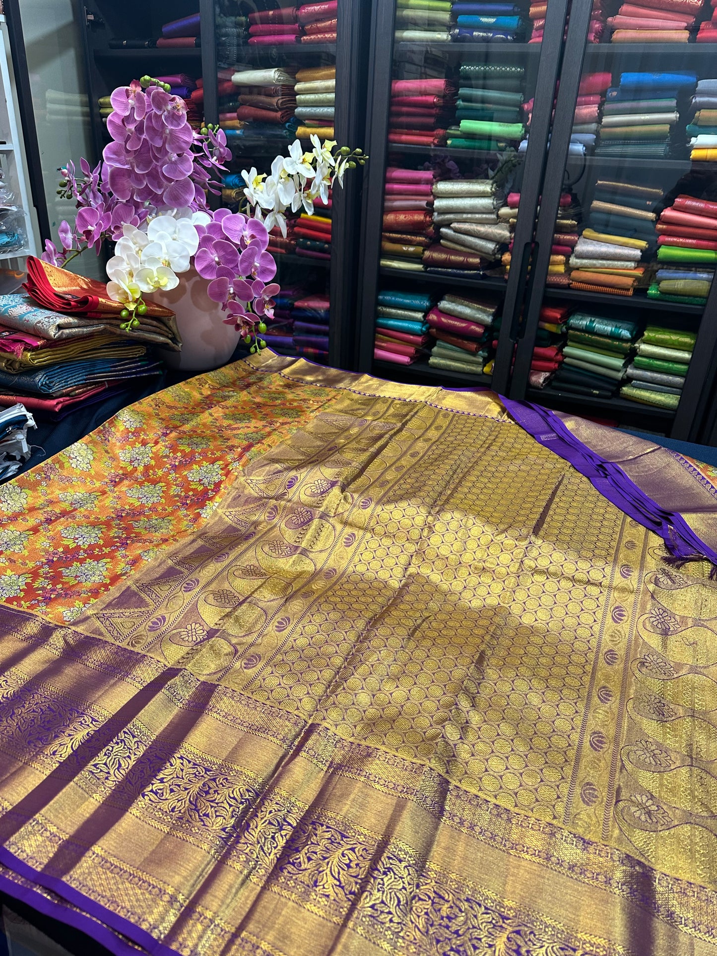 Kanchipuram Pure Silk Bridal Tissue Saree Indian Kanjivaram Floral Sari SPK385