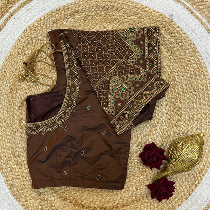 44” Size 14 Aari Worked Sari Blouse Indian Saree Top Silk Brown B258