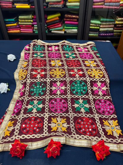 Maroon heavily embroidered Phulkari dupatta with mirror work D1