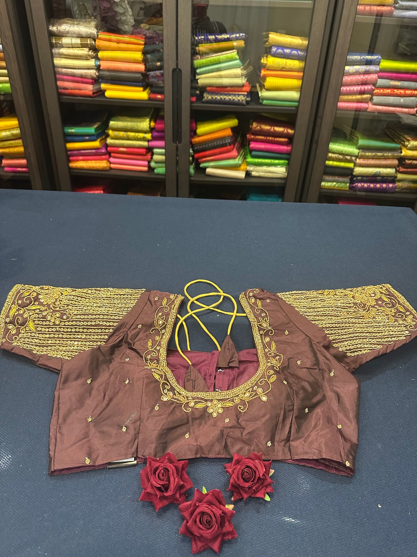 40” Aari hand Worked Sari Blouse Indian Top Choli Silk Maroonish Brown B16