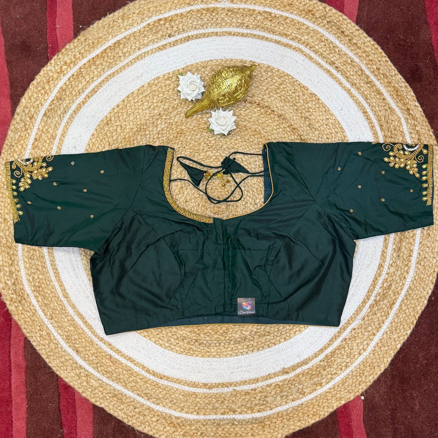 46” Size 16 Aari Worked Sari Blouse Indian Saree Top Silk Dark Green B227