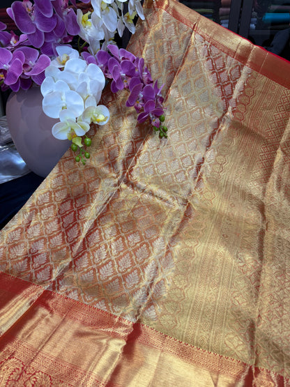 Bridal Tissue Kanchipuram Pure Silk Saree Gold & Red Kanjivaram Sari| SPK153