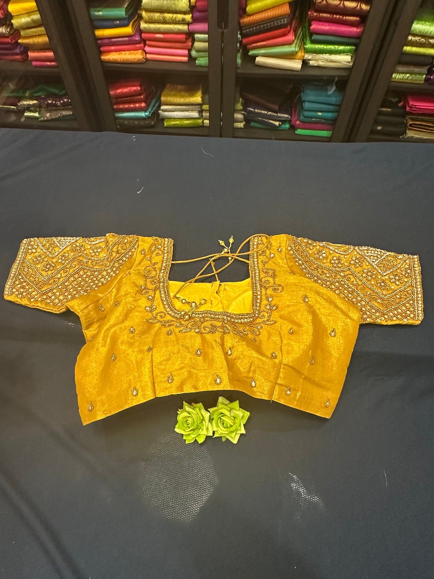 40” Aari hand Worked Sari Blouse Indian Top Choli Silk Gold B9