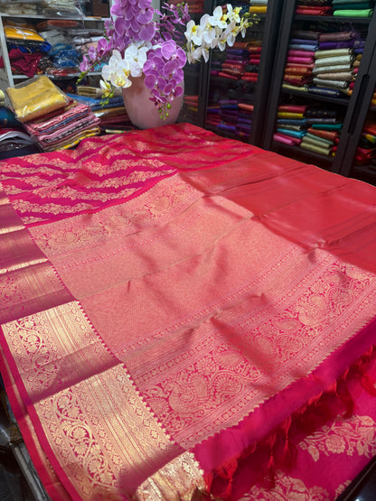 Kanchipuram Pure Silk Saree Bridal Reddish Pink Kanjivaram Sari SPK481