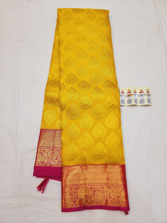 Bridal Kanchipuram Pure Silk Saree Yellow & Rani Pink Kanjivaram Sari| SPK112