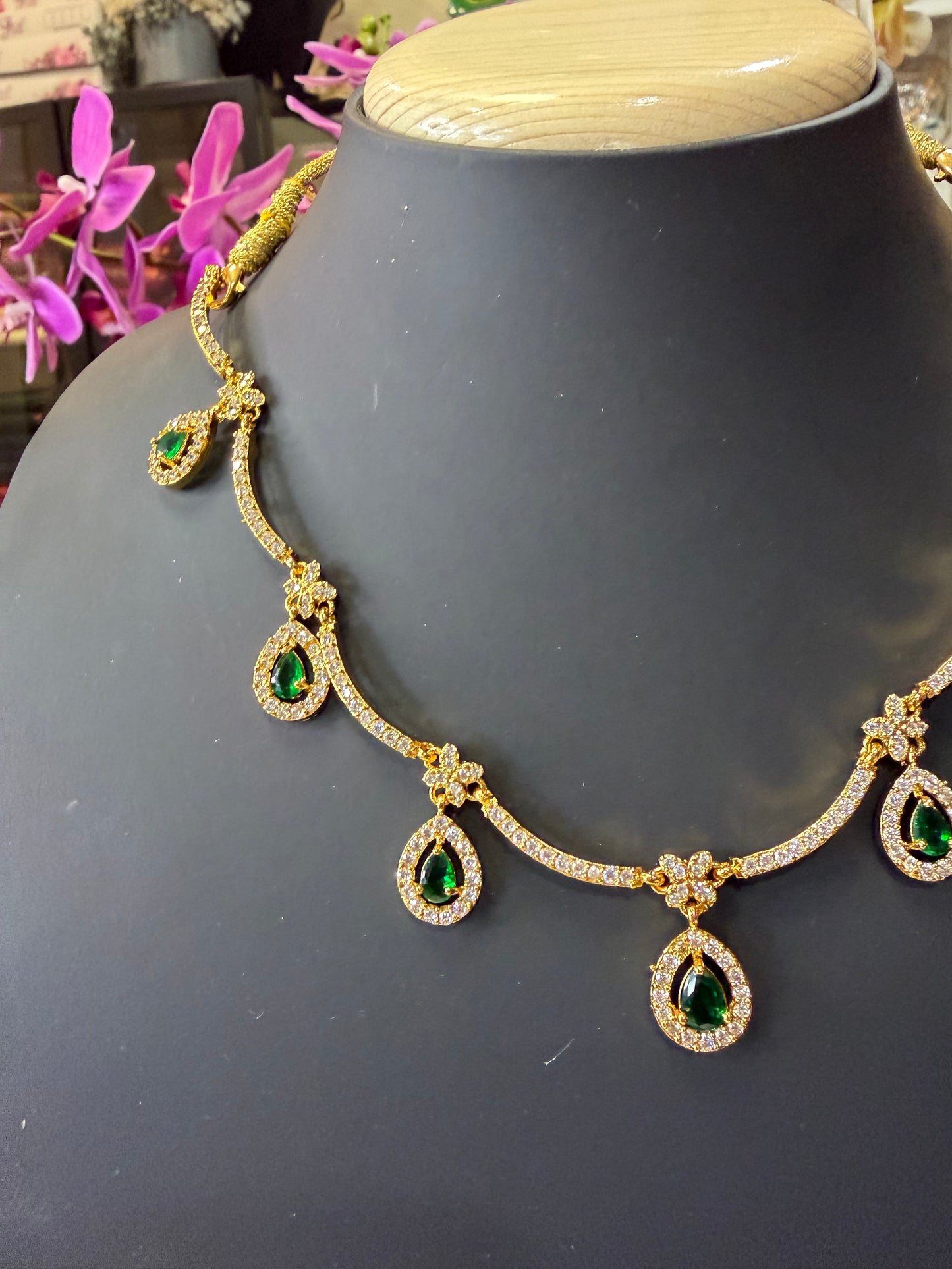 Indian Brass Necklace & Earrings Jewellery Set Green N70