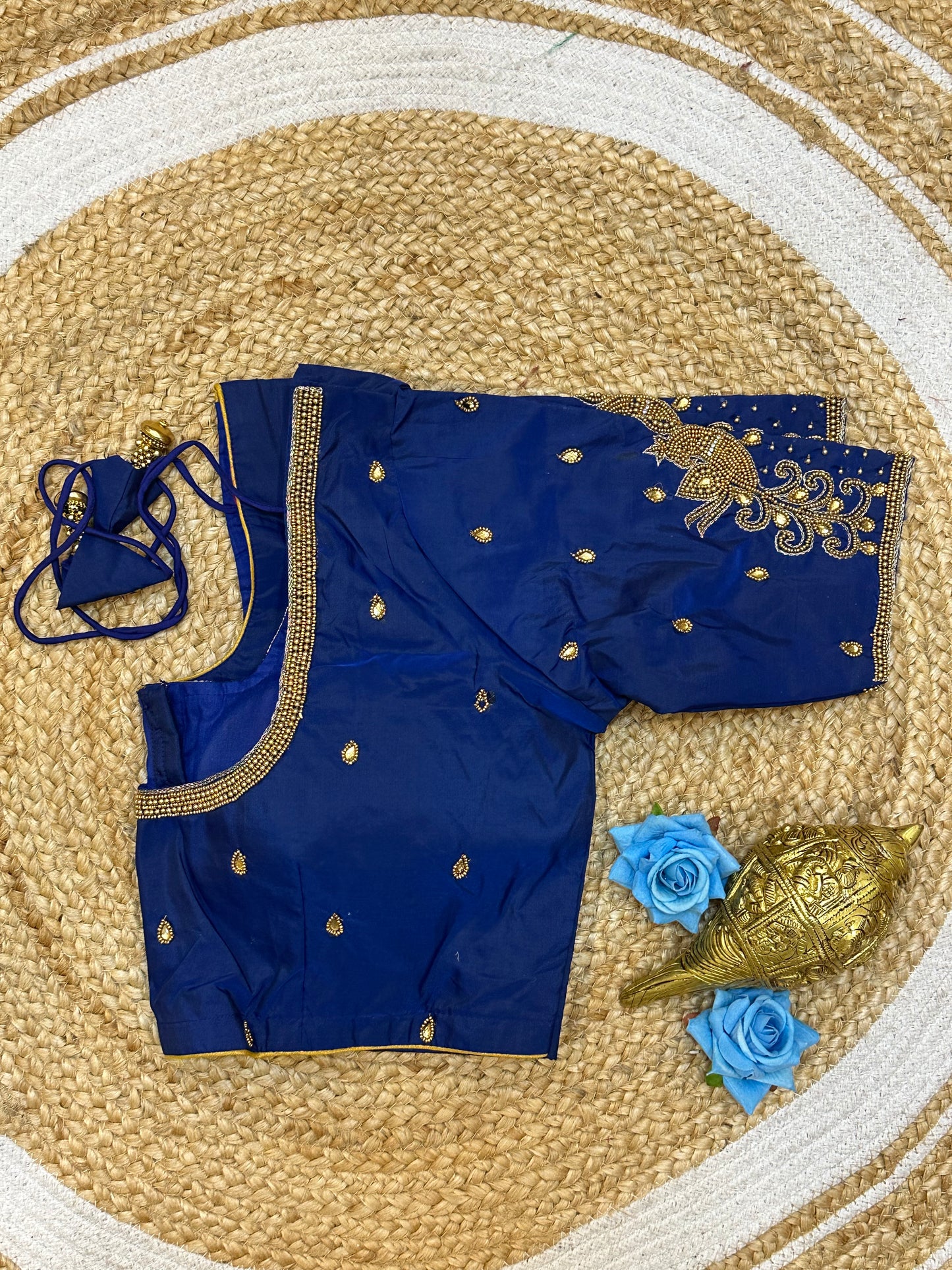 40” Size 10 Aari Worked Sari Blouse Indian Saree Top Silk Blue B182