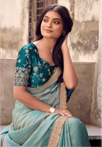Indian Fancy Party wear Saree Fendi Silk Bollywood Plain Dual Tone Sari S148