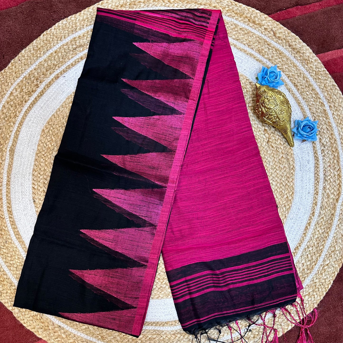 Black & Pink Soft Slab Cotton Linen Sari Indian Saree with temple border C1