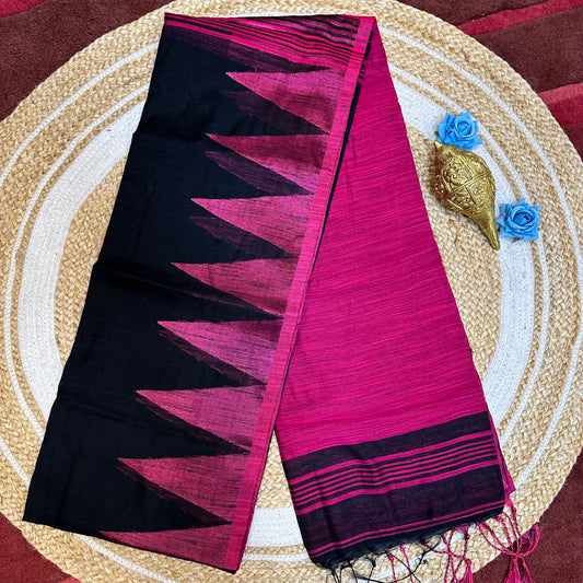 Black & Pink Soft Slab Cotton Linen Sari Indian Saree with temple border C1