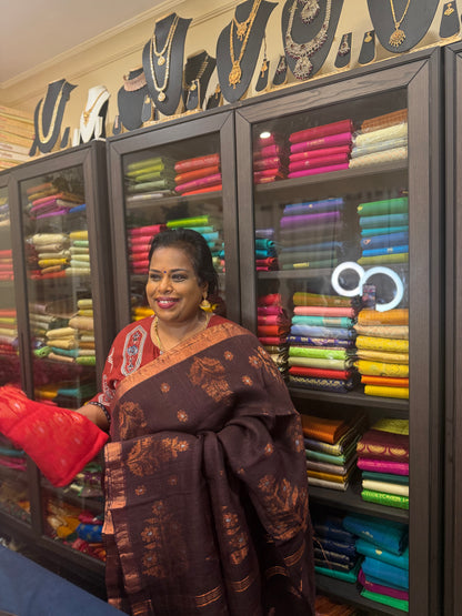 Silk Cotton Linen Sari Indian Saree Copper Jari Green S131