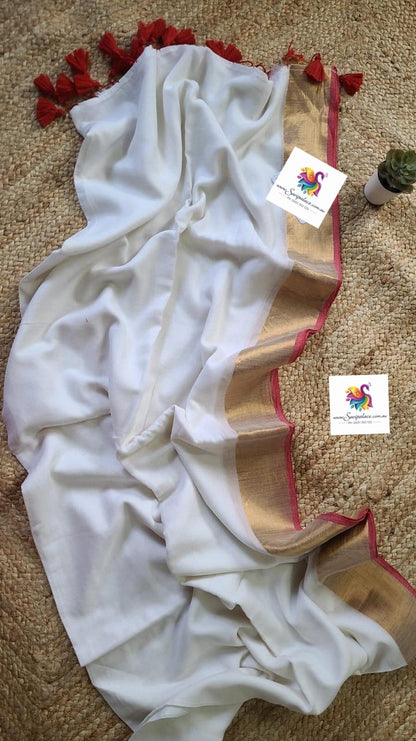 MUL Cotton Sari Indian casual Saree Cream Gold Red C29