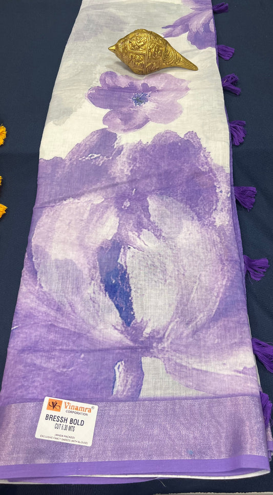 White & Purple Digital Printed Linen Sari Indian casual Saree C5