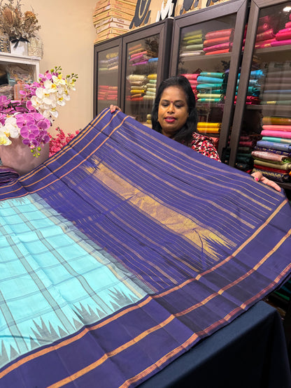 2g Gold Kanchipuram Pure Silk Saree Blue Vintage Kanjivaram Sari SPK212