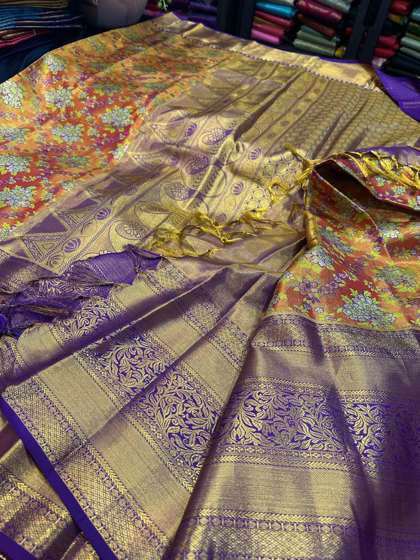 Kanchipuram Pure Silk Bridal Tissue Saree Indian Kanjivaram Floral Sari SPK385