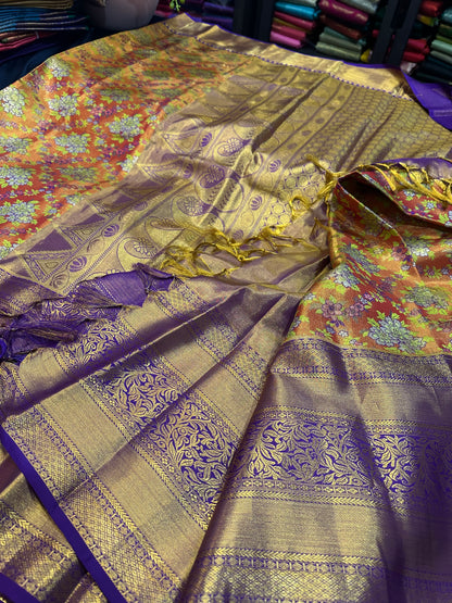 Kanchipuram Pure Silk Bridal Tissue Saree Indian Kanjivaram Floral Sari SPK385