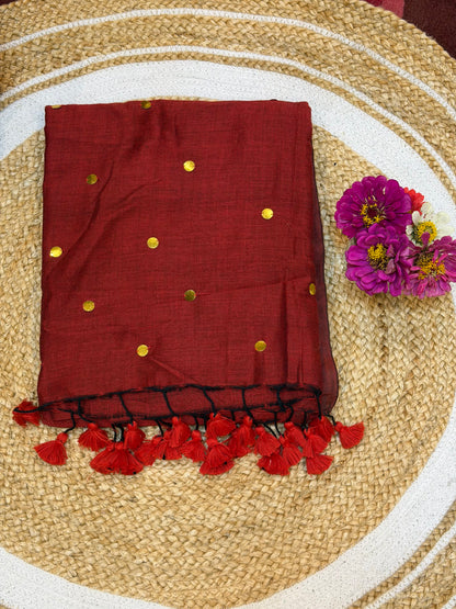 Khadi Soft Cotton Linen Sari Indian Saree Maroon  S9