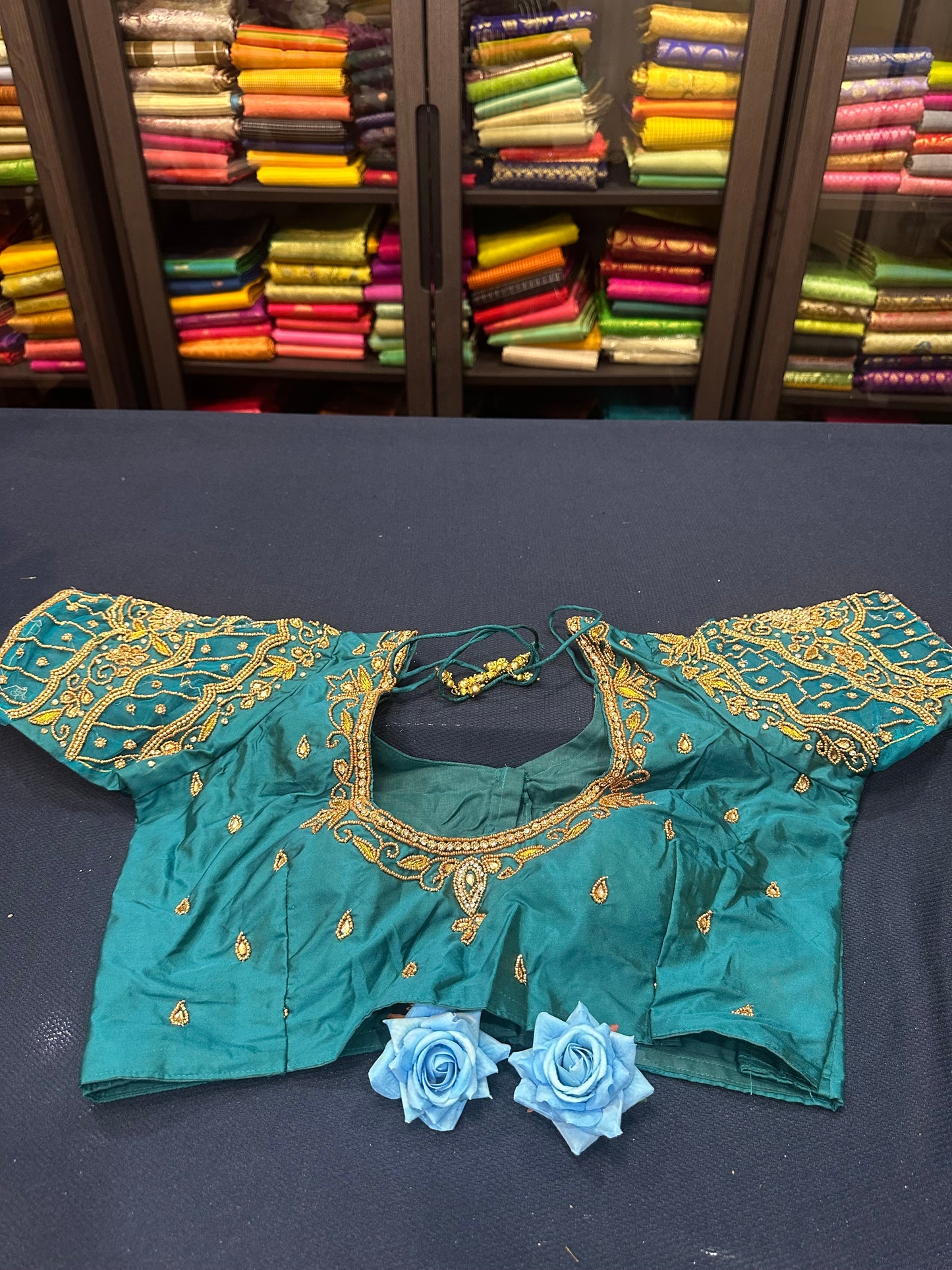 40” Aari hand Worked Sari Blouse Indian Top Choli Silk Teal Green B14