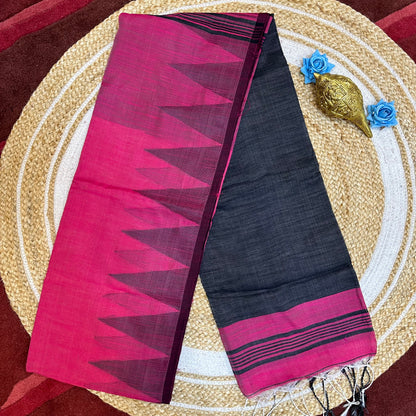 Black & Pink Soft Slab Cotton Linen Sari Indian Saree with temple border C1