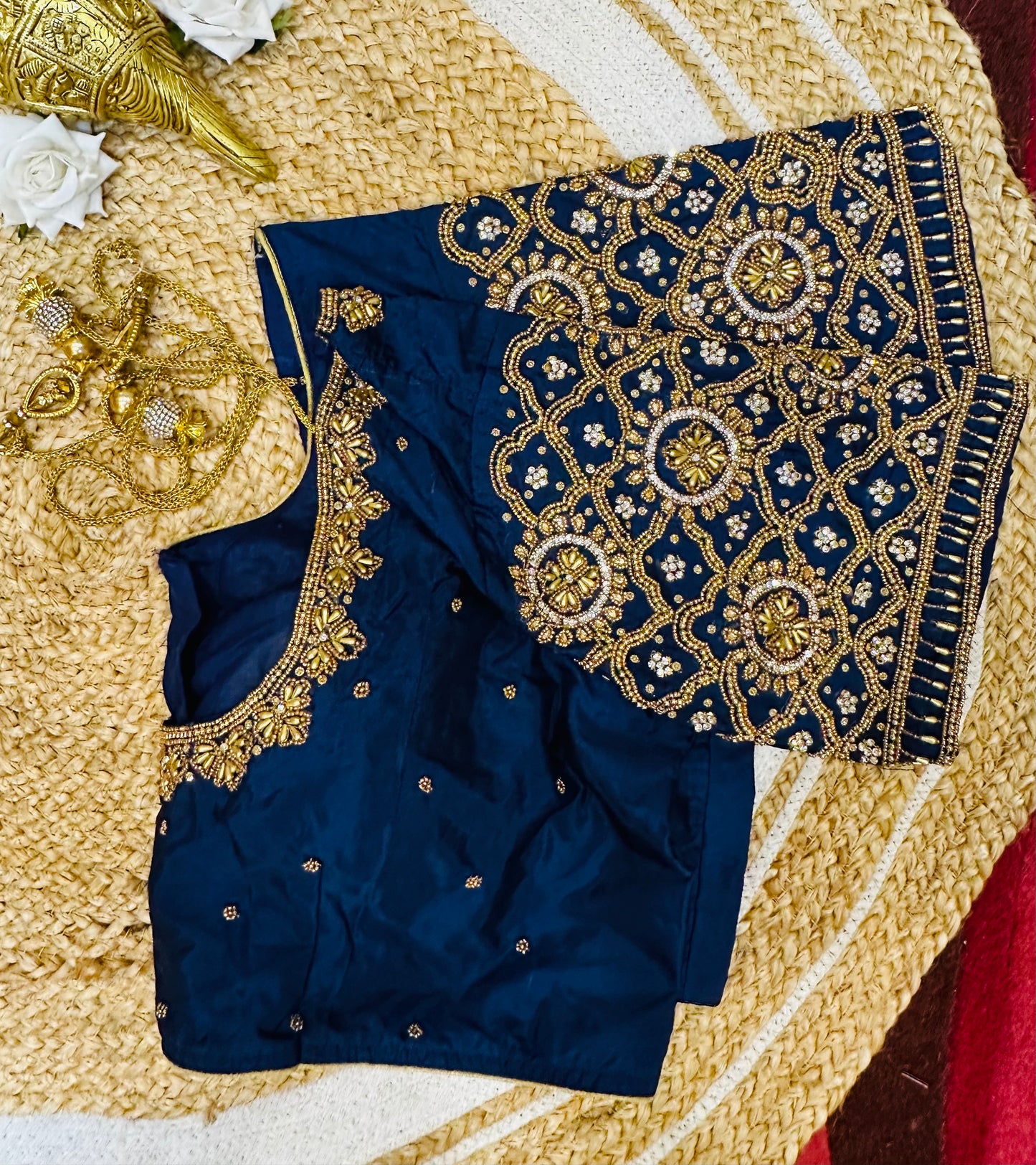 50” Size 20 Aari Worked Sari Blouse Indian Saree Top Silk Blue B62