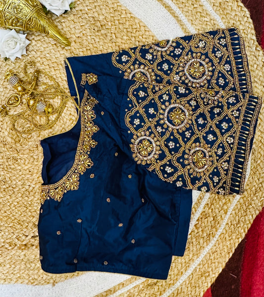 50” Size 20 Aari Worked Sari Blouse Indian Saree Top Silk Blue B62