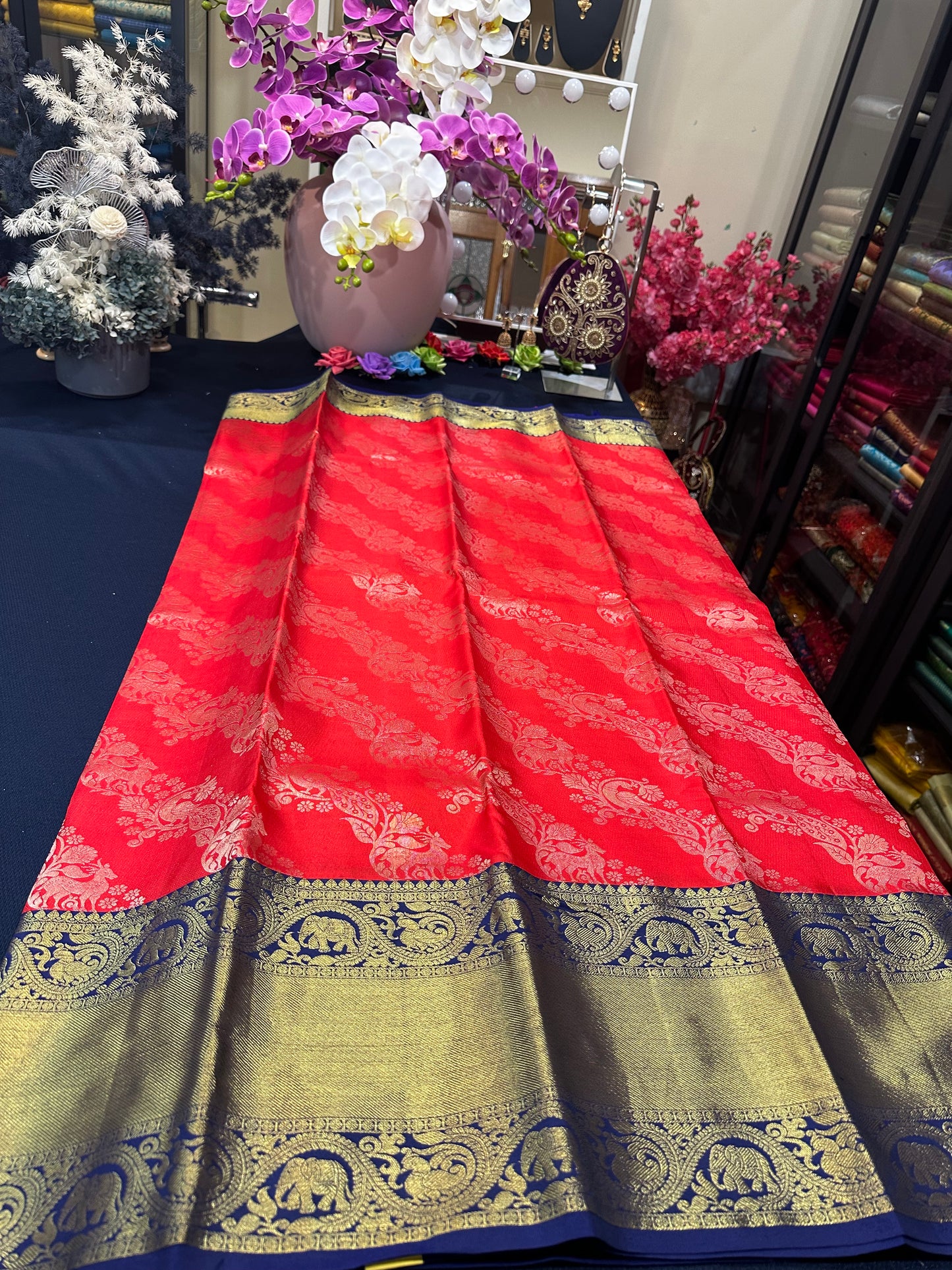 Bridal Kanchipuram Pure Silk Saree Red & Blue Kanjivaram Sari| SPK130