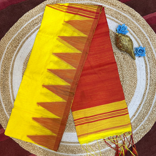 Yellow & Red Soft Slab Cotton Linen Sari Indian Saree with temple border C1