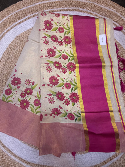 Pink Kerala Vishu Sari Indian Cream Tissue hand Printed Onam Saree C16