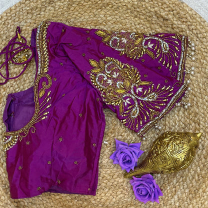 36” Small size Aari Worked Sari Blouse Indian Saree Purple B216