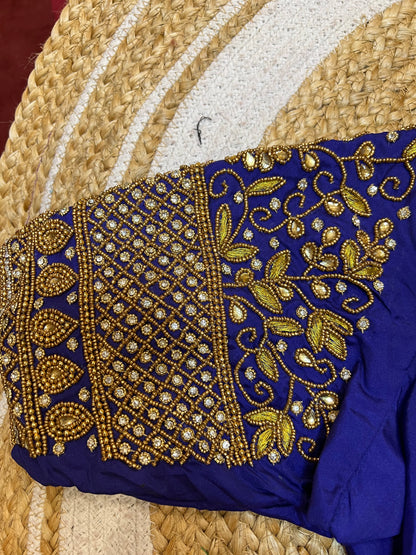40” Aari hand Worked Sari Blouse Indian Top Choli Silk Royal Blue B33