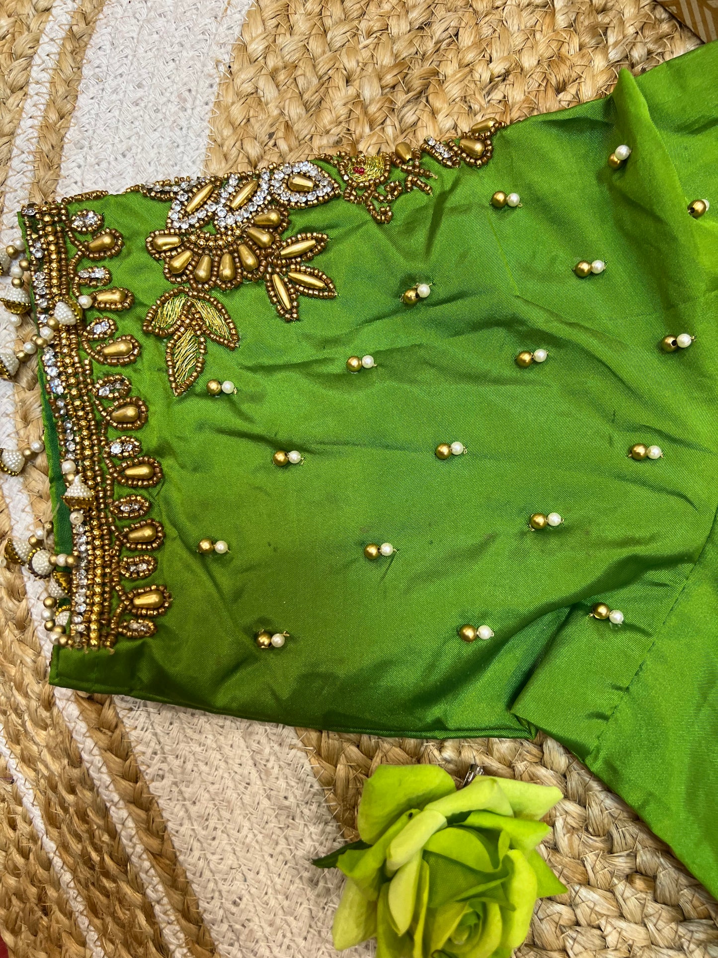 40” Aari hand Worked Sari Blouse Indian Top Choli Silk Green B44