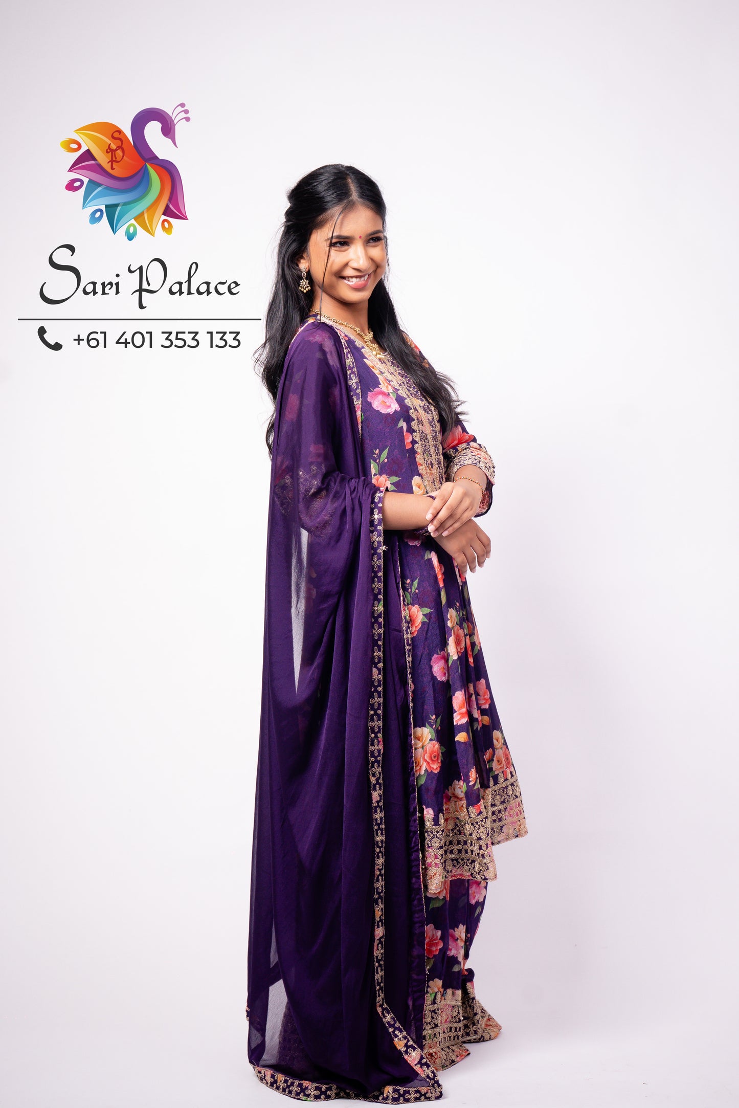 Purple Floral Indian Pakistani Outfit Salwar Kameez Sharara Suit EID S44