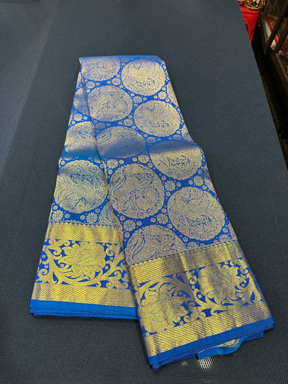 Kanchipuram Bridal Pure Silk Saree with Gold Zari Blue & Gold Sari| SPK084