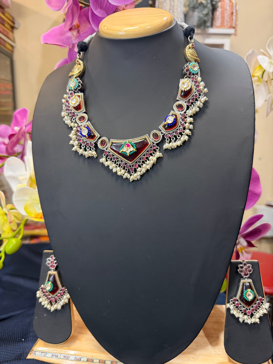 Handmade Brass Necklace with Silver polish Indian Tribal Maroon Jewellery N95