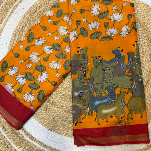 Yellow Indian Casual wear Saree Kalamkari Printed Sari S143
