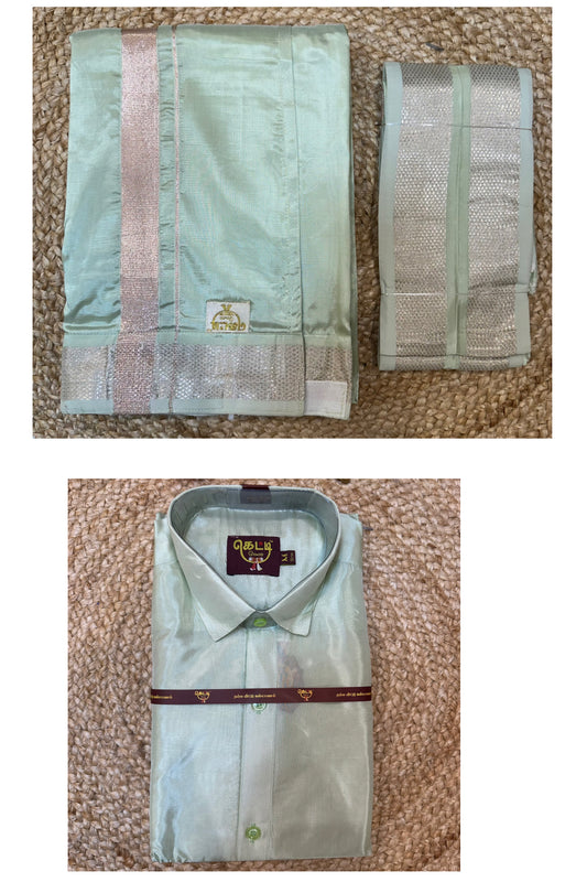 Medium Men’s South Indian Vesti Shirt Shawl Combo Semi Silk Dhotti V9
