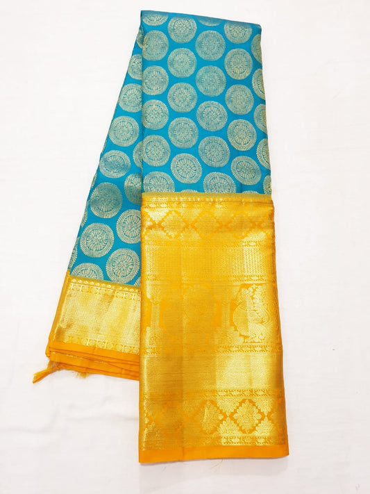 Bridal Kanchipuram Pure Silk Saree Bluish Green & Yellow Kanjivaram Sari| SPK158