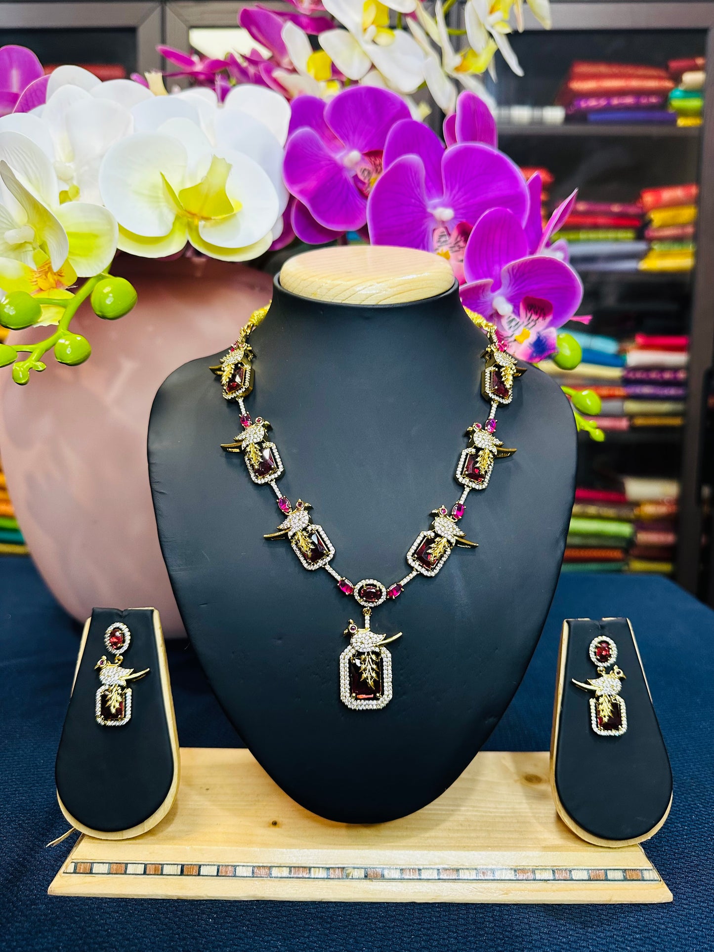 Indian Victorian Polish Peacock Brass Necklace & Earrings Jewellery Set Ruby N75