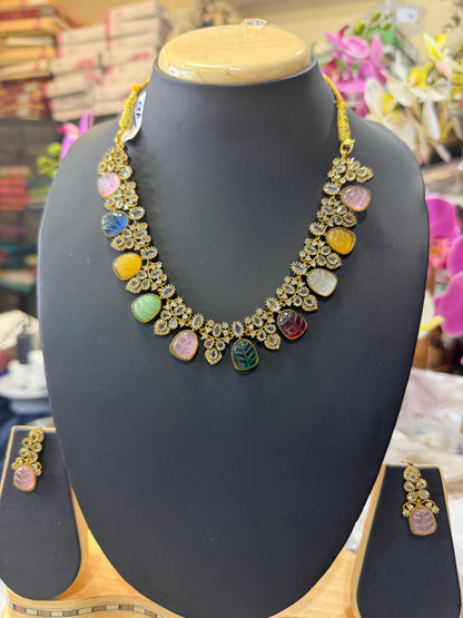 Indian Brass Necklace & Earrings Jewellery Set Multi N62