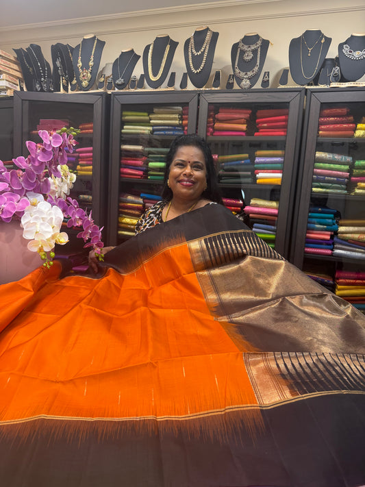 Kanchipuram Pattu Soft Silk Saree Pure Silk Bridal Sari Orange | SS9