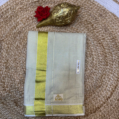 Men’s South Indian Vesti Shirt Combo Tissue Cream Gold Dhotti V3