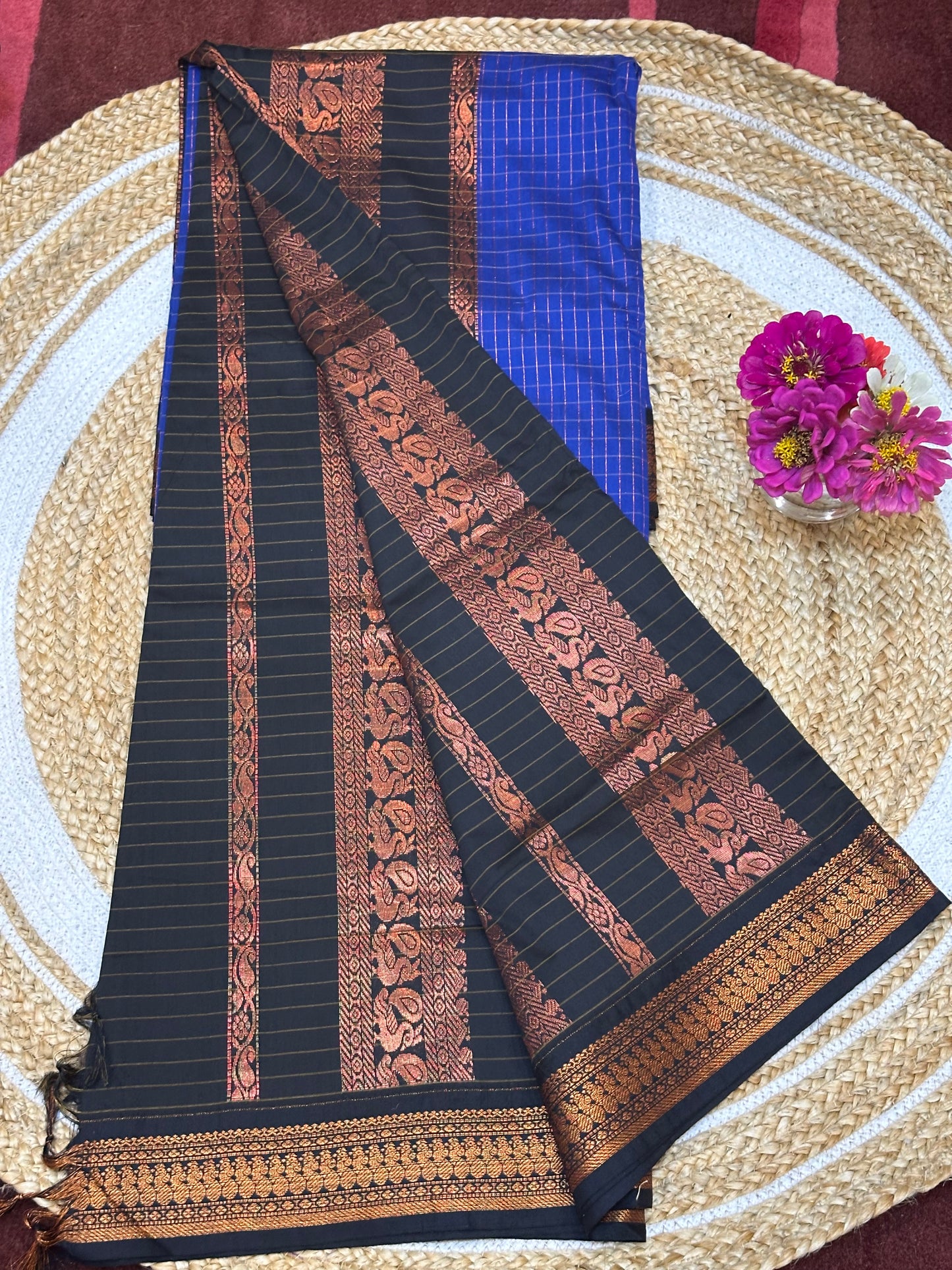 Kalyani checkered Silk Cotton Sari Indian Saree Blue & Black S6