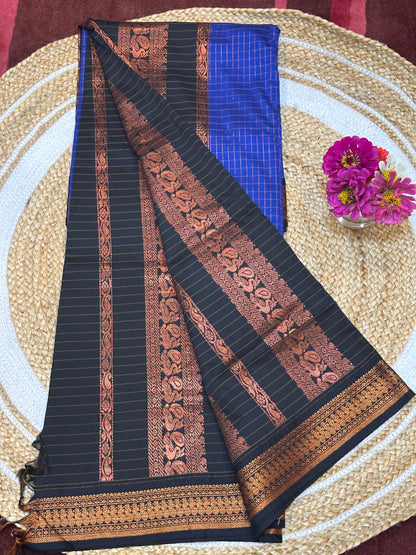 Kalyani checkered Silk Cotton Sari Indian Saree Blue & Black S6