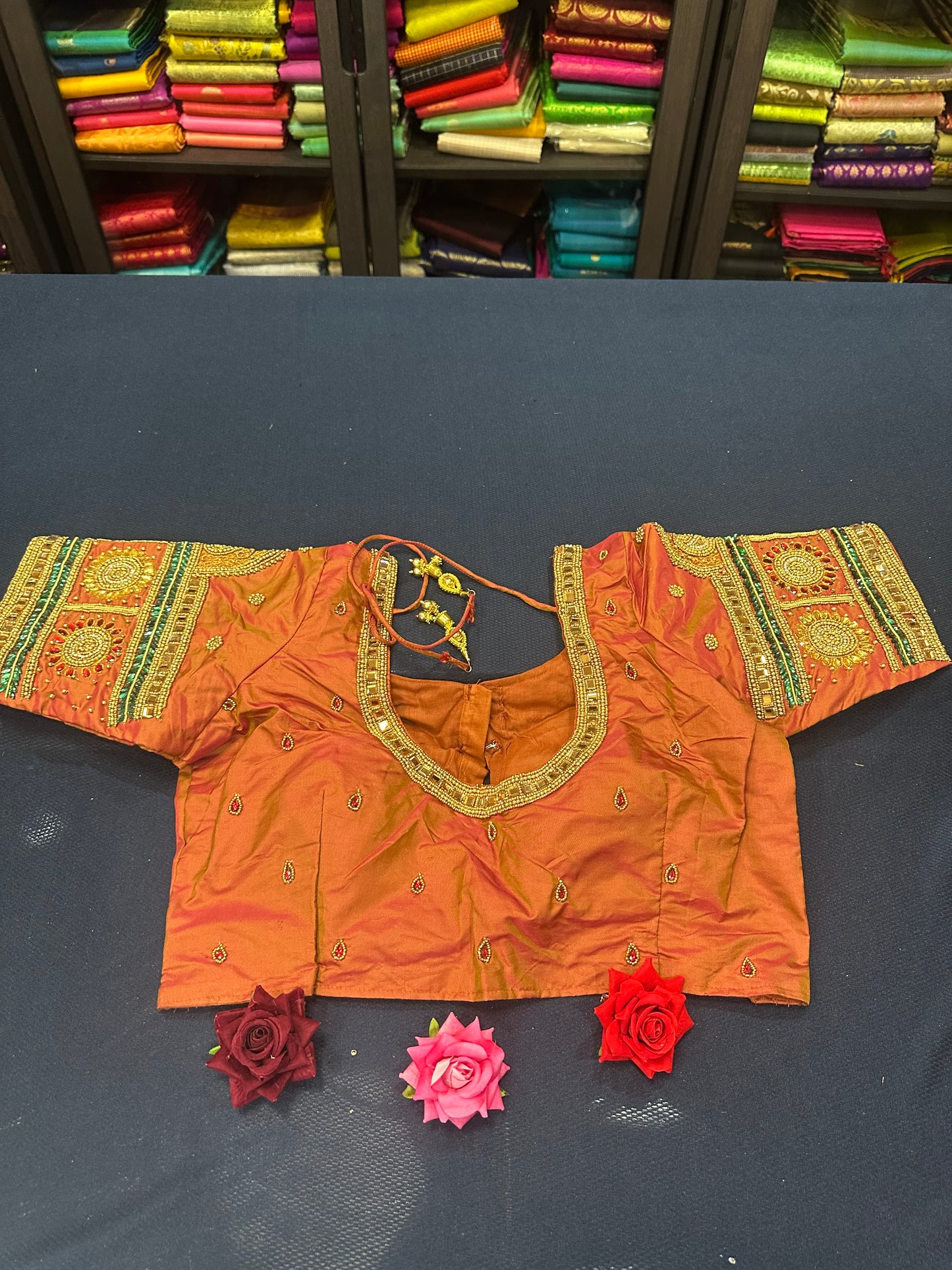 40” Aari hand Worked Sari Blouse Indian Top Choli Silk Rusty Orange B19
