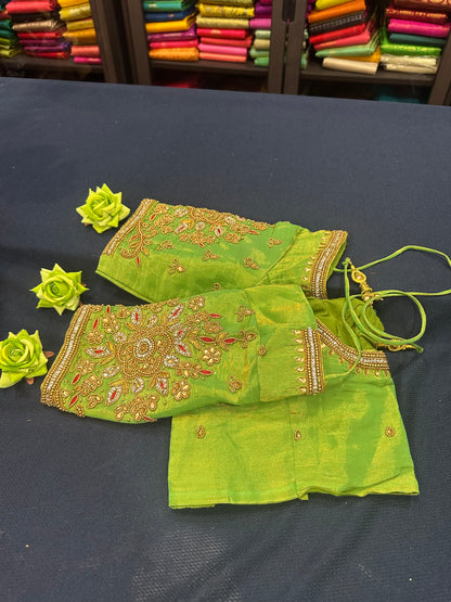 40” Aari hand Worked Sari Blouse Indian Top Choli Silk Green Gold B12