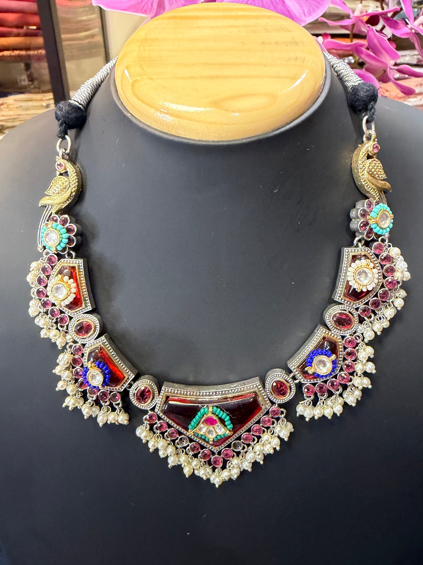 Handmade Brass Necklace with Silver polish Indian Tribal Maroon Jewellery N95