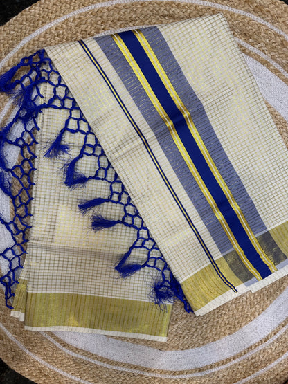 Red Kerala Vishu Sari Indian hand Printed Kasavu Onam Saree C22 Col 2