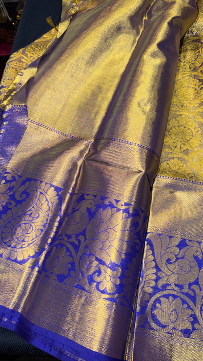 Kanchipuram Tissue Bridal Pure Silk Saree with Gold Zari Blue & Gold Sari| SPK097